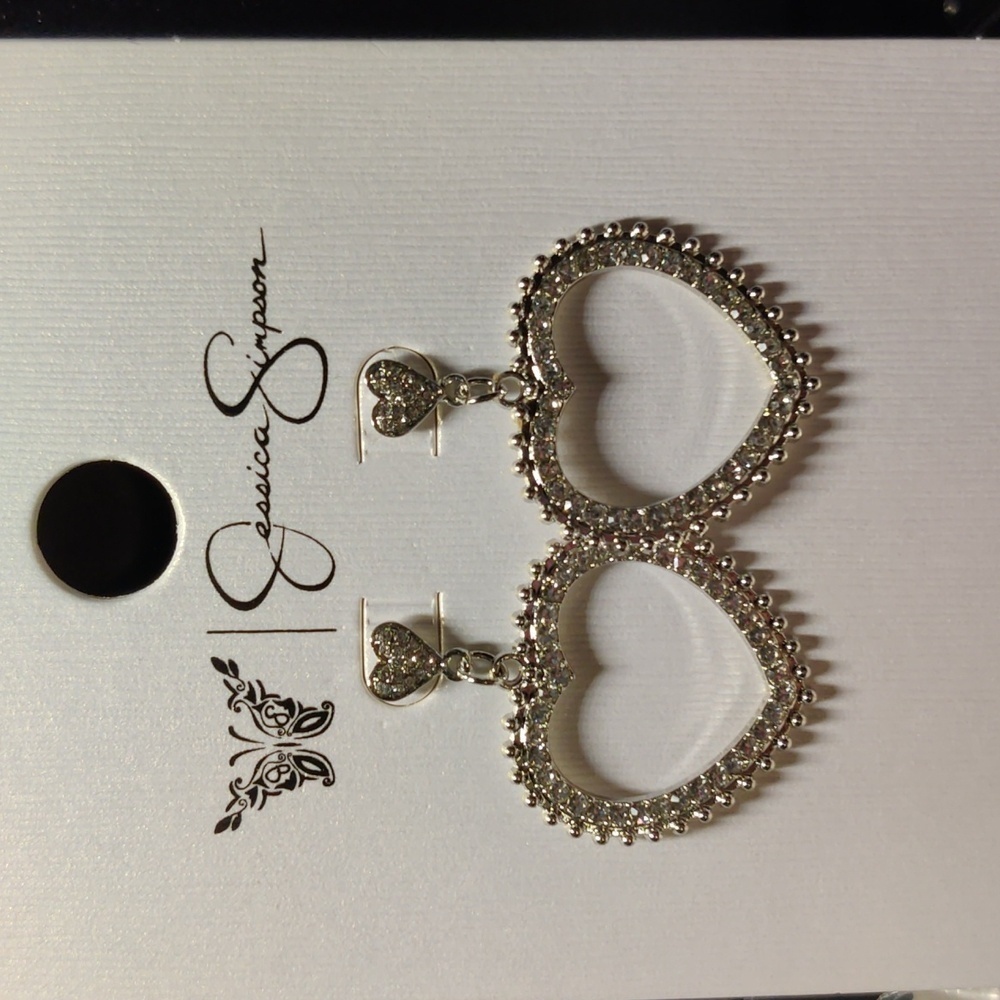 Jessica Simpson Silver Paved Double Heart Rhinestone Stud Dangle Earrings 12$